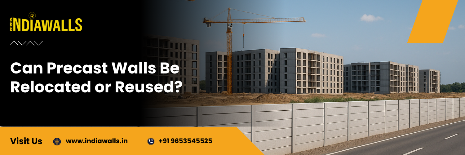 Precast concrete boundary walls at a modern construction site with cranes and apartment buildings – Indiawalls banner on relocating and reusing precast walls.
