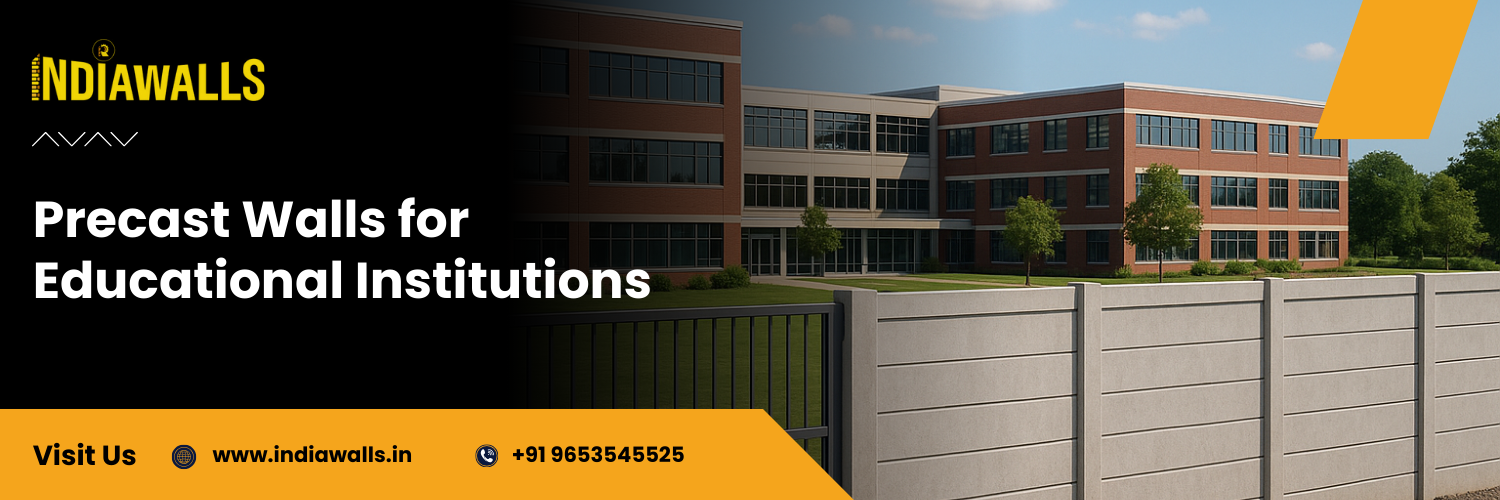 The image shows a modern educational institution building with a red-brick facade and multiple windows. In the foreground, a sturdy precast wall serves as a boundary, highlighting the application of precast panels in school infrastructure.